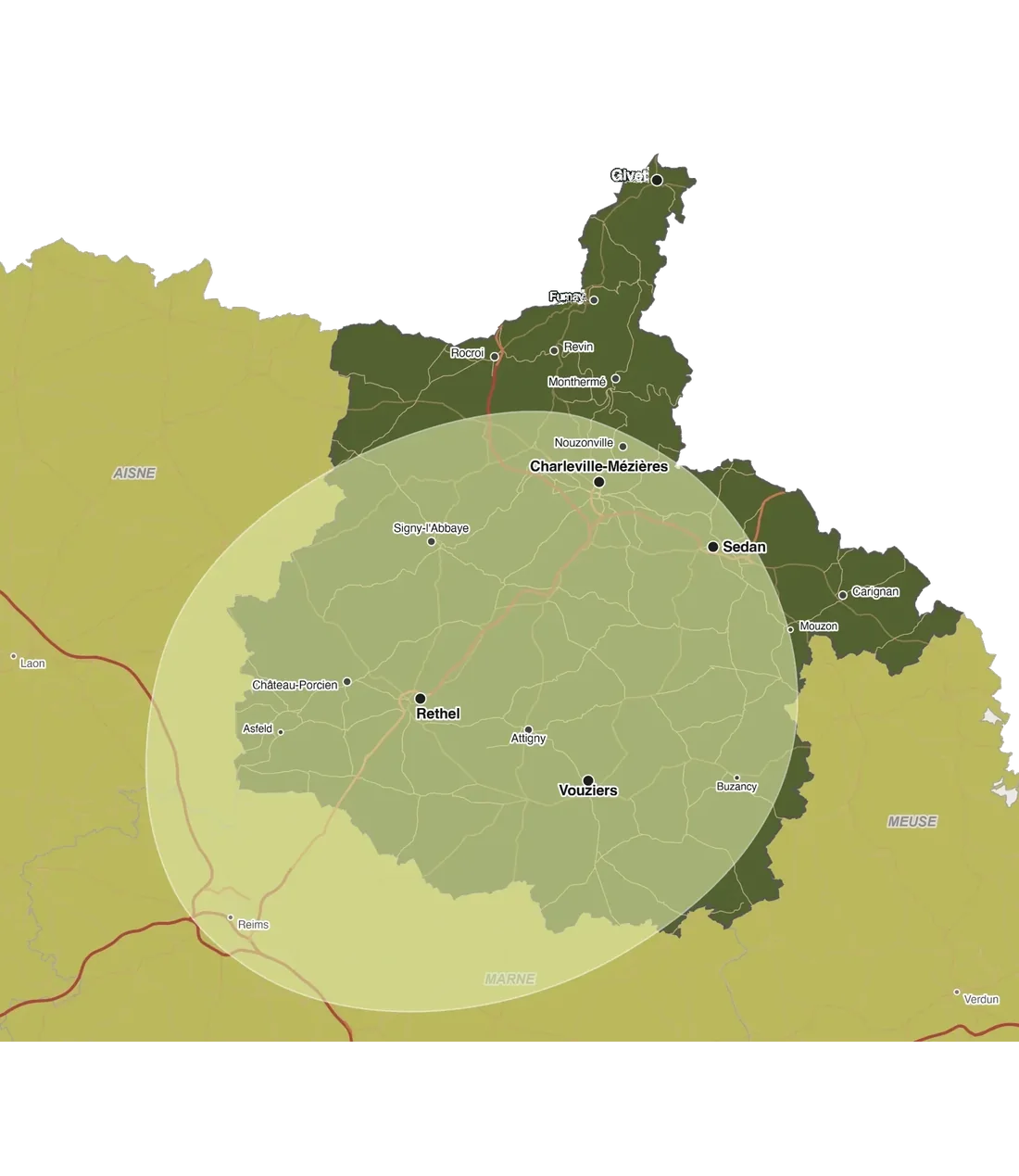 Carte de la zone d'intervention de Visentin Cuisine Agencement : les Ardennes et les départements limitrophes. Un cercle couvre Rethel, Charleville-Mézières, Sedan, Vouziers, Château-Porcien et s'étend jusqu'aux abords de Reims.